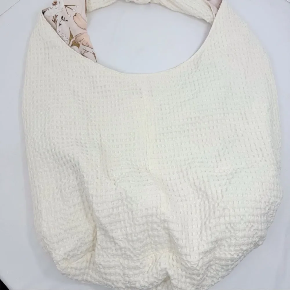 Baggagean and Co. Pink Floral Cream Waffle Knit Soft Reversible Fabric Hobo Bag